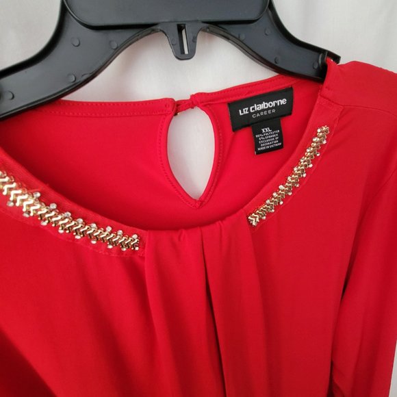 Liz Claiborne Career Red Blouse embellished long sleeves keyhole dressy XXL GUC - Picture 5 of 13